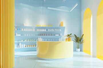 Modern Yellow and Blue Interior Design with Shelves and Round Counter in Center of Room
