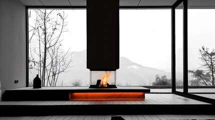 Modern Minimalist Living Room with Fireplace and Misty Landscape View