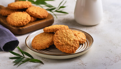 Close-up of Anzac biscuits, sweet Australian cookies in plate. Tasty food.