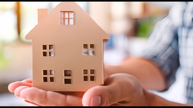 Hand holding a cardboard house model in front of a blurred home background.