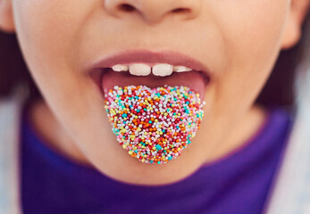 Sugar, sweets and sprinkles on tongue, candy and mouth with color, dessert and junk food for kid....