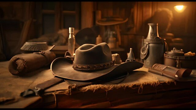 Western style still life with cowboy hat. Rustic indoor interior horizontal background with copy space. Wild west accessories. 