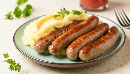 Plate of bangers and mash. Grilled sausages and mashed potato. Traditional British dish. Tasty food