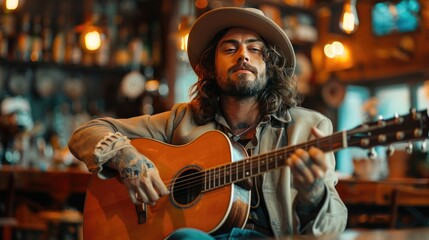 A man is playing guitar in a bar