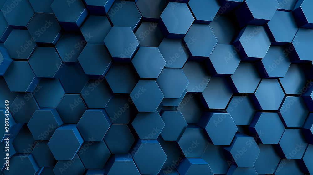 Poster a blue background with a pattern of hexagons. the hexagons are all different sizes and are arranged 