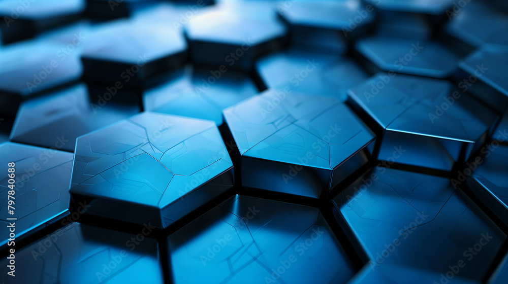 Poster a blue background with a pattern of hexagons. the hexagons are all different sizes and are arranged 