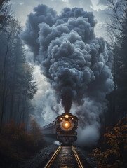 A steam locomotive billowing smoke, captured in a dynamic shot with the smoke forming an elegant and flowing shape that is reminiscent of clouds or mist.