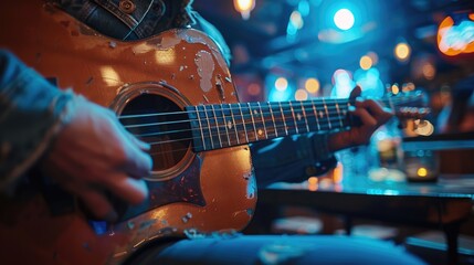 Obraz premium The man in the bar plays the guitar, with a close-up of his fingers.