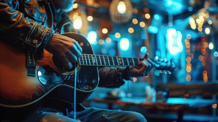 The man in the bar plays the guitar, with a close-up of his fingers.