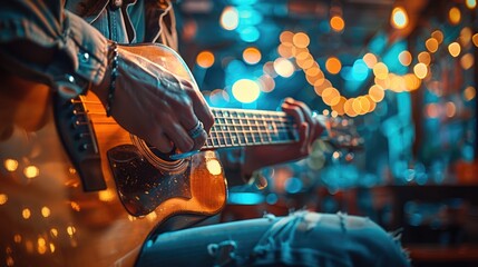 The man in the bar plays the guitar, with a close-up of his fingers.