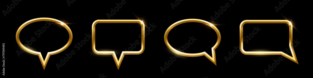 Poster gold speech bubble frames set for picture with shadow on black background. ellipse and square blank 