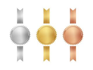 Gold, silver and bronze medals with vertical ribbons set vector illustration. 3d realistic award seals isolated on white. Golden design element for labels, certificates, badges, winners