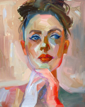 Dipinto artistico moderno o contemporaneo, ritratto di donna frontale con mani al viso in colori vivaci e accesi, donna emozionata e romantica
