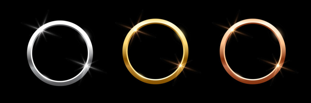 Gold, silver and bronze metal circle frames 3d vector realistic illustration. First, second and third place medals or buttons isolated on black background. Certified. Quality blank, empty badge set