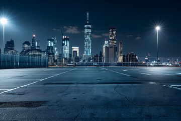 Clean asphalt in front of urban skyline at night