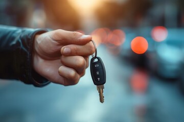 A male hand holding car keys with a blur of street and evening lights in the background suggesting a new car purchase or ownership