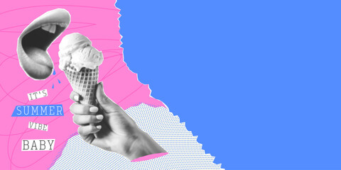 Summer vibe banner with empty space for your designs. Pop art halftone contemporary collage with ice cream cone and lips.