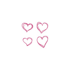 Set of 4 pink heart icons, simple vector cartoon doodle style illustration elements for product or web design.