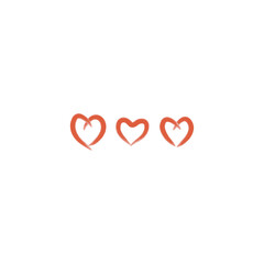 Set of 3 red heart icons, simple vector cartoon doodle style illustration elements for product or web design.