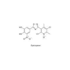 Opicapone flat skeletal molecular structure COMT inhibitor drug used in Parkinson's disease treatment. Vector illustration scientific diagram.