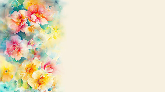 Colors of July A bright mix of watercolor yellows, light blues, pinks,small peonies, pastels ,tiny bee and light green leaves.