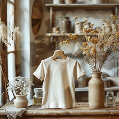 A cream-colored t-shirt on a wooden hanger in front of a blurred background of a rustic kitchen. - obrazy, fototapety, plakaty