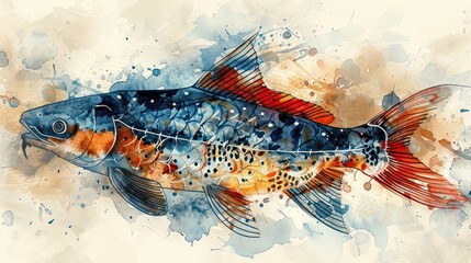A watercolor painting of a koi fish with blue, orange, and red colors.