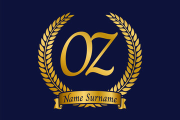 Initial letter O and Z, OZ monogram logo design with laurel wreath. Luxury golden calligraphy font.