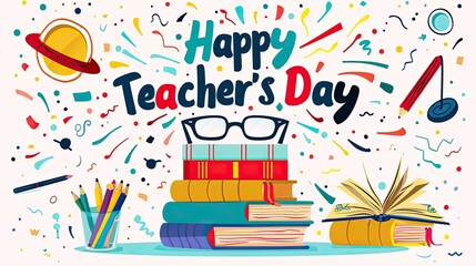 Happy Teacher's Day - Vector Graphic with Books, Glasses, and Colorful 'Happy Teacher's Day' Text in Indian Tech Style on White Background