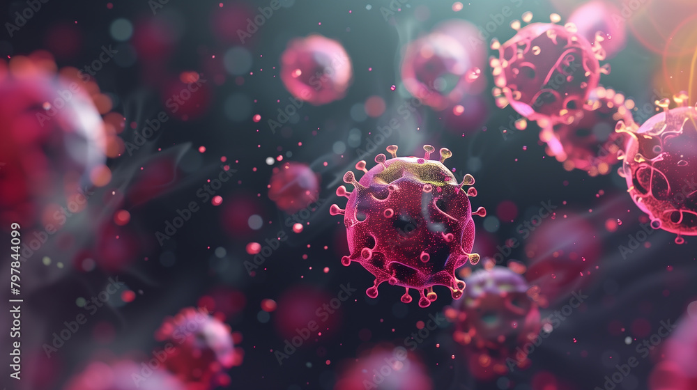 Poster a bunch of red and pink viruses are floating in the air. the viruses are small and round, and they a