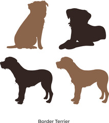 Border terrier silhouette. One color dog shape. 4 types, different colors. Terrier logo design, pet character postcard art. Icon, education. Sitting pose, laying, staying, stay, profile. Black, brown.