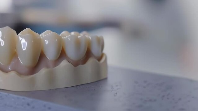 A close-up view of dental prosthetics, capturing the detailed craftsmanship of the artificial teeth set against a blurred clinical background. Ideal for dental health and technology topics