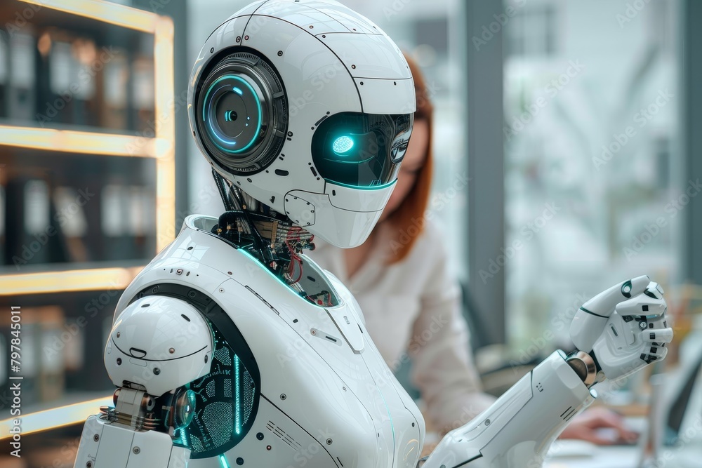 Poster a sophisticated humanoid robot with a detailed head and torso is in a modern laboratory with a femal