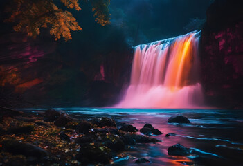 Enchanted Cascade: Vibrant Waterfall Illuminated by Ethereal Lights