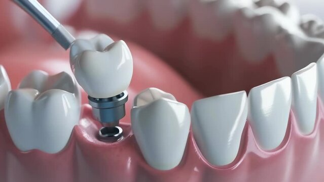 A high-resolution depiction of a dental implant being placed in a patient's jaw, highlighting the precision and technology in modern dentistry. Placement of a dental implant or crown or post