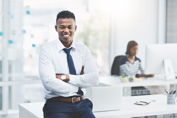 Portrait, business and black man with arms crossed, smile and accountant with confidence, startup...