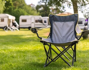 Close-up of a folding chair on a meadow at a campsite. Blurred background of caravans. - obrazy, fototapety, plakaty
