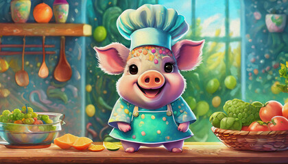 oil painting staye CARTOON CHARACTER CUTE BABY Caucasian baby pig with smile dressed as a chef in the kitchen, - obrazy, fototapety, plakaty