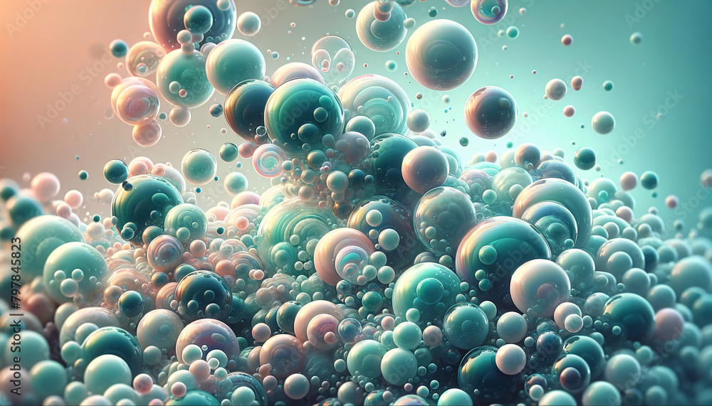 Poster a multitude of glossy bubbles floating in space. these bubbles have a translucent appearance