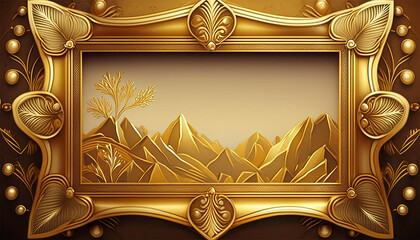 Luxury background with golden frame, leaves and mountains. 