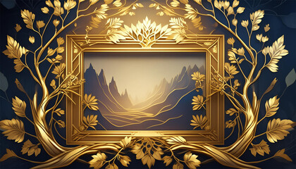 Luxury background with golden frame, leaves and mountains. 