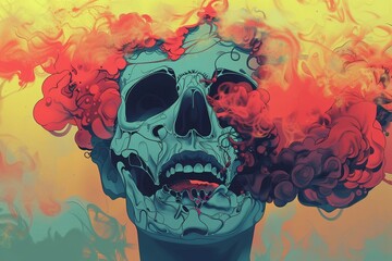The skull was shaped like lively red and orange smoke emanating from it. - obrazy, fototapety, plakaty