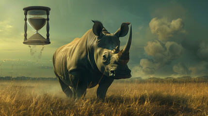 Impending Hourglass: A Time-sensitive Appeal for Rhino Conservation - obrazy, fototapety, plakaty