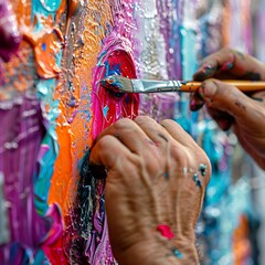 Close-up of an artist's hand skillfully applying vibrant oil paints on a canvas, showcasing the art creation process. - obrazy, fototapety, plakaty