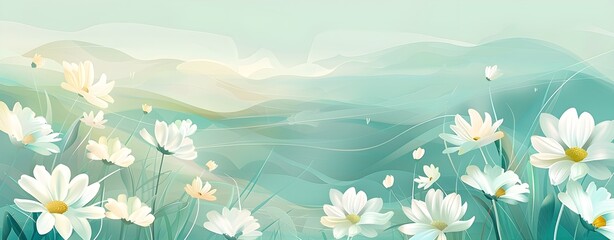 white daisy flower on a mint green background flower meadow with clear sky - obrazy, fototapety, plakaty