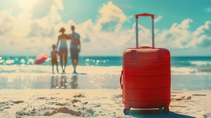 Family vacation concept with a red suitcase on a sandy beach and a blurred family walking towards the sea - AI generated.