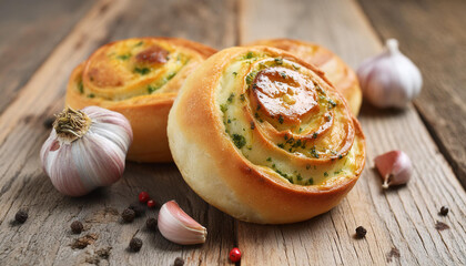 Close-up of fresh bread buns with garlic and pepper on wooden table. Tasty bakery. Delicious food.