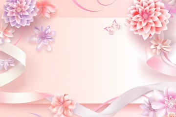 Fototapeta premium リボンとお花のプレゼントカードメッセージカード手紙フレーム背景