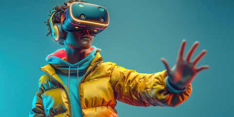Man in yellow jacket using virtual reality headset and gesturing with hand in front of white background - obrazy, fototapety, plakaty