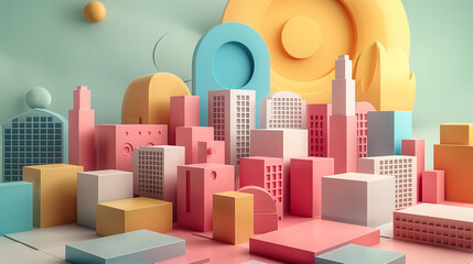 Surreal playful pastel urban landscape background, a miniature paper model city composed of various geometric shapes and forms to create a cityscape - obrazy, fototapety, plakaty